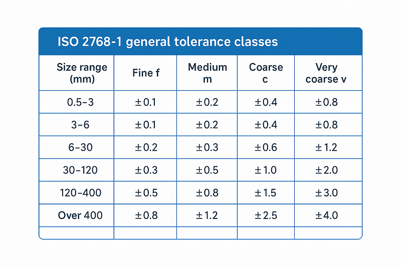 Chart showing ISO 2768 tolerance classes for different dimension ranges