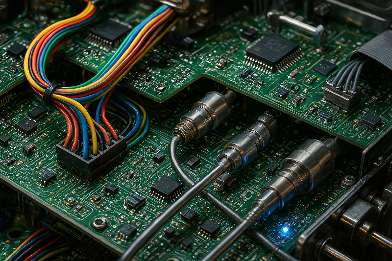 Close-up of a complex analytical instrument's internal components and wiring