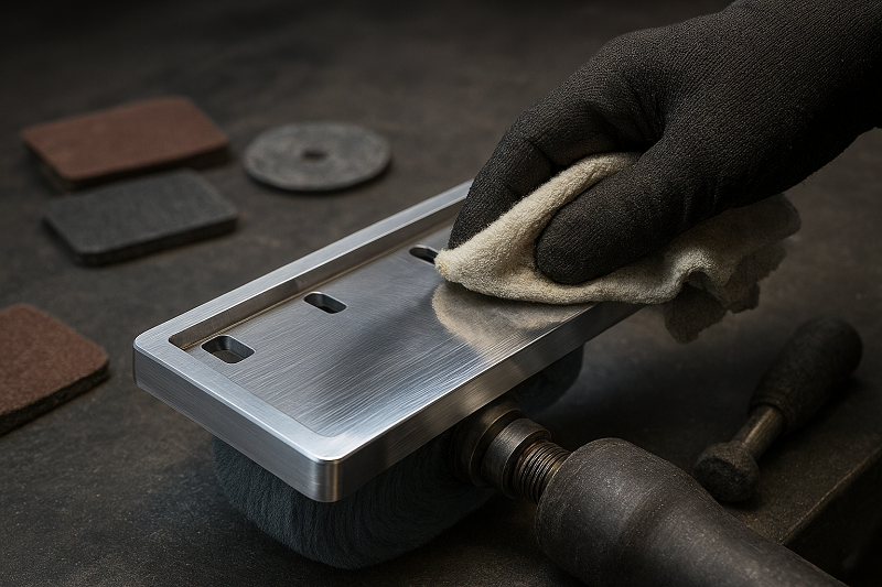 A CNC machined aluminum part being polished to a mirror finish