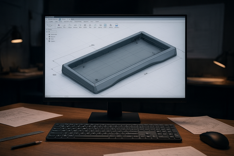 A detailed CAD model of a mechanical keyboard case on a computer screen