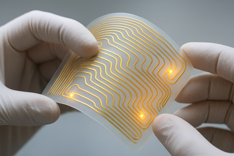 A stretchable electronic circuit being bent to show its flexibility