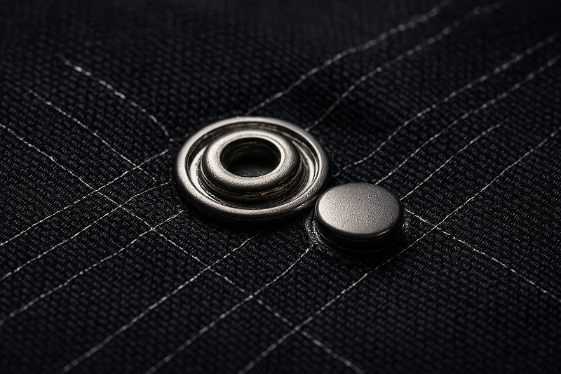 A close-up of a snap fastener on a smart textile jacket