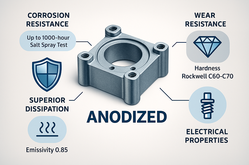 A detailed infographic showing the benefits of anodized aluminum: corrosion resistance, wear resistance, heat dissipation, and electrical insulation