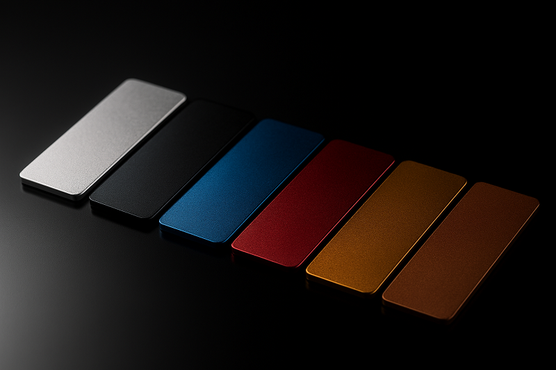 An array of anodized aluminum samples in various popular colors like black, blue, red, and gold