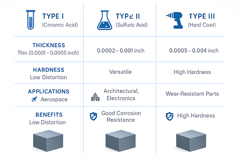 A comparison chart showing the different properties of Type I, Type II, and Type III anodizing