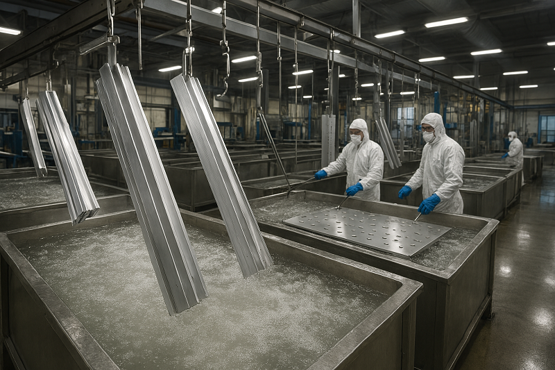 A series of aluminum parts being dipped into chemical baths for pre-treatment before anodizing