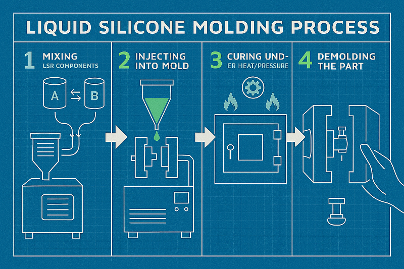 An illustration of the step-by-step liquid silicone molding process