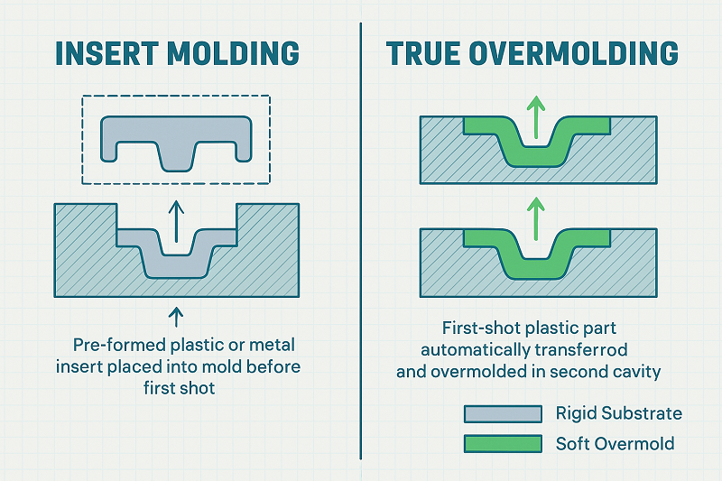 Infographic comparing the process flow of overmolding and two-shot molding