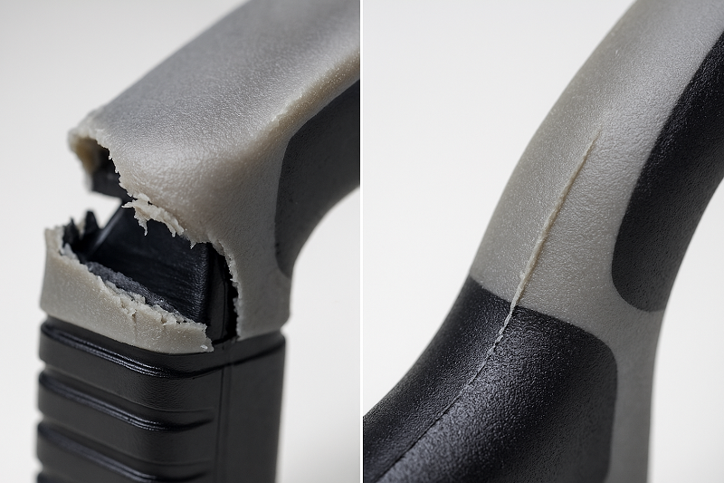 Image showing delamination on an overmolded part