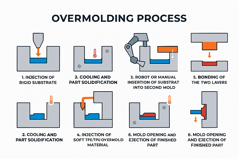 Diagram showing the overmolding process steps