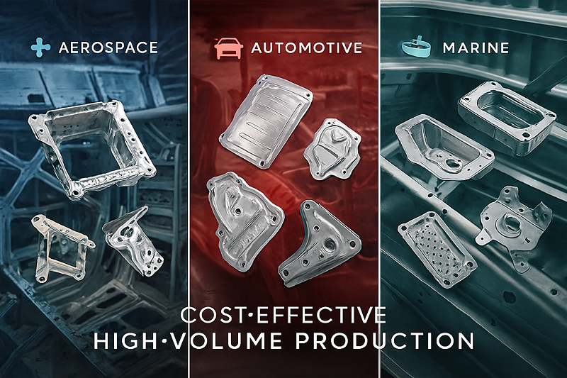 Stamped Aluminum Parts in Transportation A collage of stamped aluminum parts used in aerospace, automotive, and marine industries.