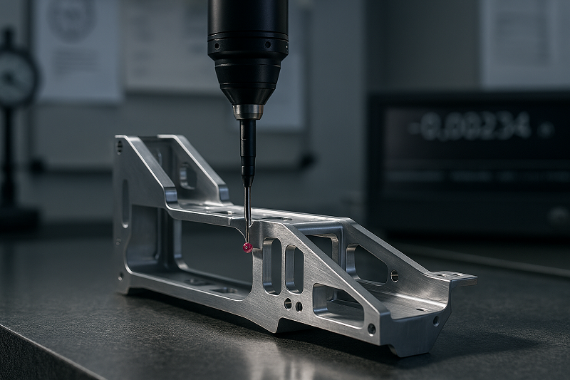 Coordinate Measuring Machine inspecting a complex avionics sheet metal component