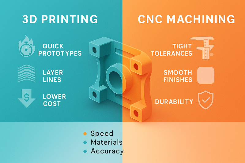 Cost per Part vs. Production Volume A graph showing the relationship between production volume and cost per part for CNC machining and 3D printing.