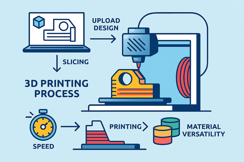3D Printing Additive Process Layer by Layer A 3D printer building a complex plastic component layer by layer.