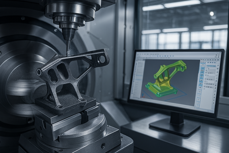CMM inspection of a precision CNC part A CMM probe measuring a complex metal part on a granite surface plate
