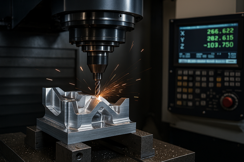CNC turning process with a metal workpiece A CNC lathe machine in operation, showing the spinning workpiece and cutting tool
