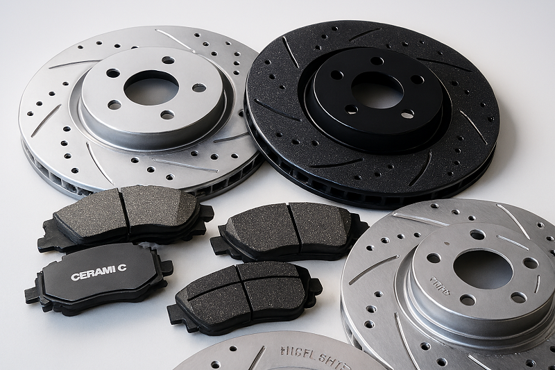 A mechanic visually inspecting a car's brake pads and rotor