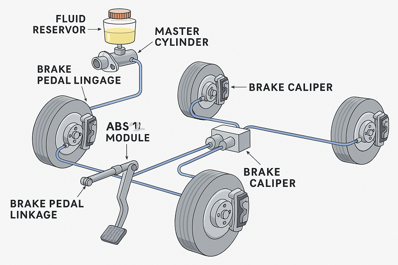 A close-up of a high-performance red brake caliper on a sports car wheel