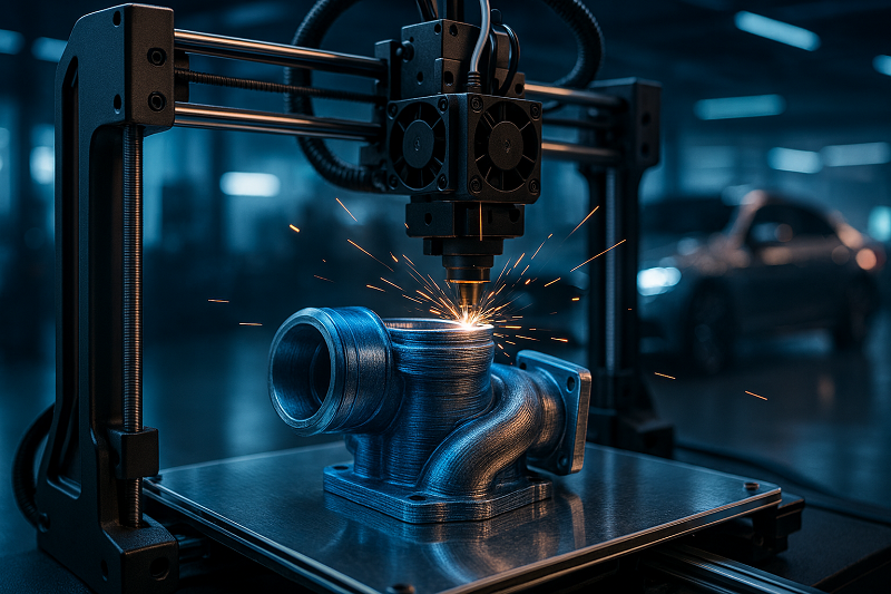 A 3D printer in the process of creating a complex car part