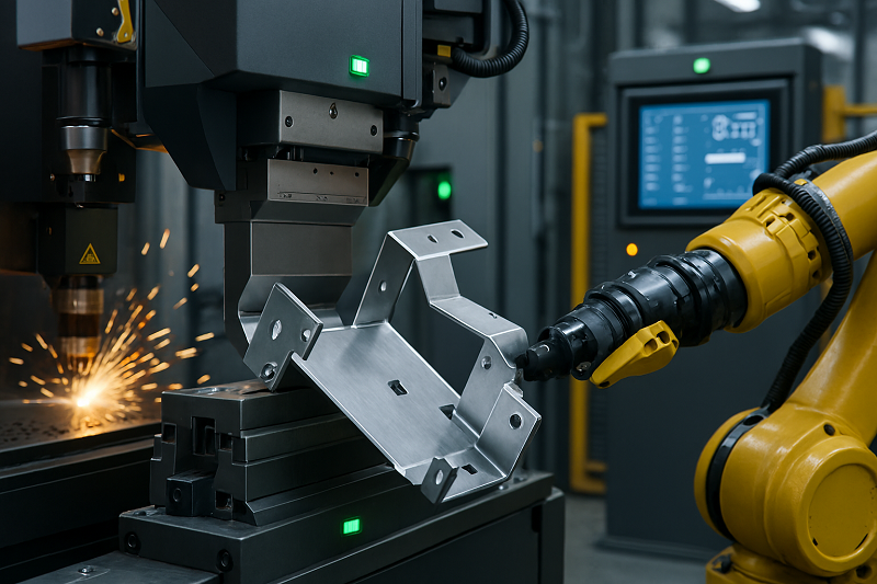 A robotic arm moving a sheet of metal from a laser cutter to a panel bender.