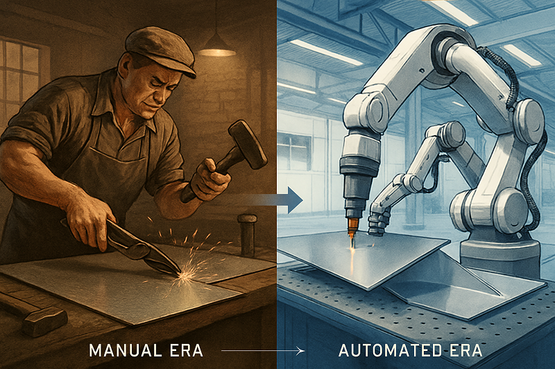 An automated panel bender in a modern factory setting, processing a large sheet of metal.