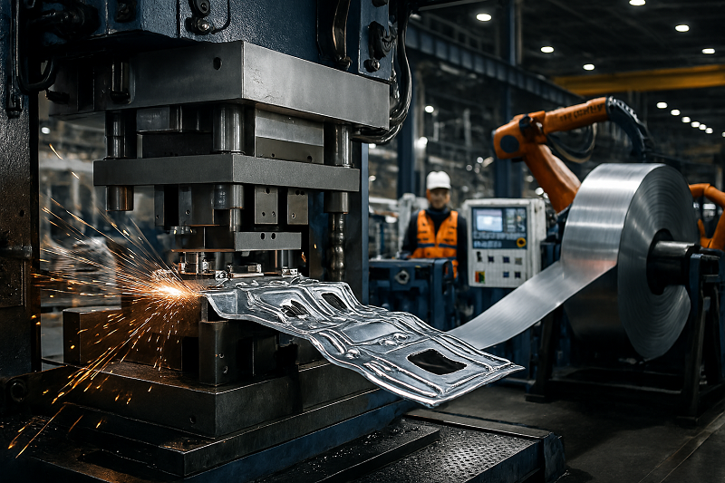 A close-up of a complex metal stamped part with intricate bends and holes