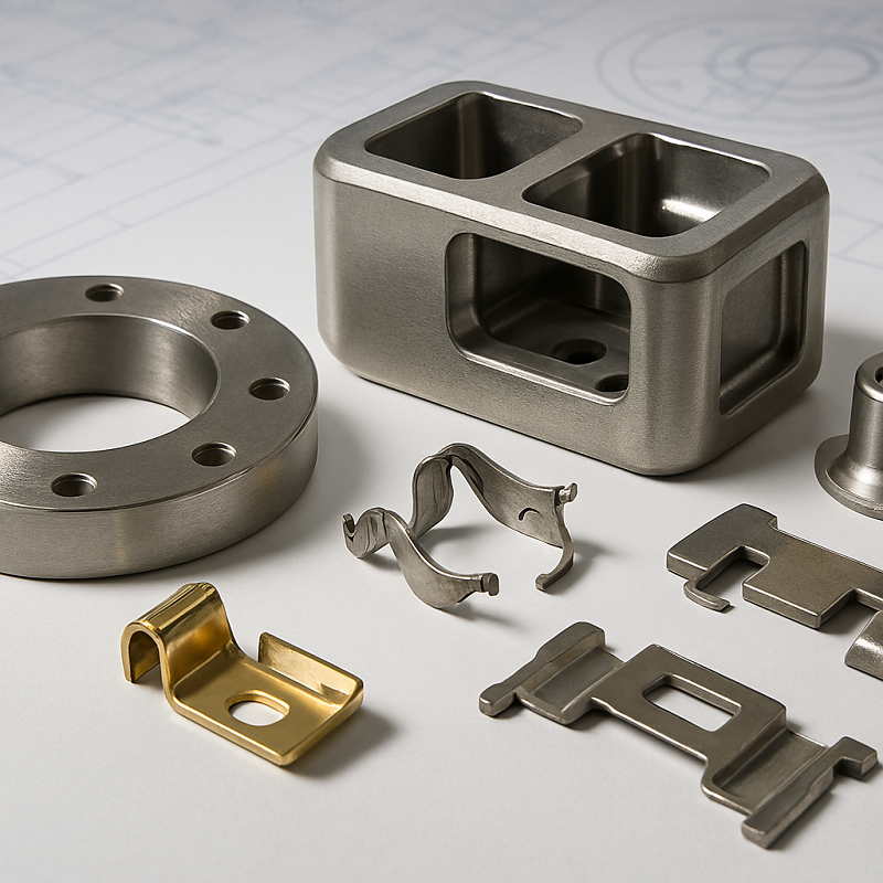 An illustration of a smart factory with automated robotic arms and data dashboards for metal stamping