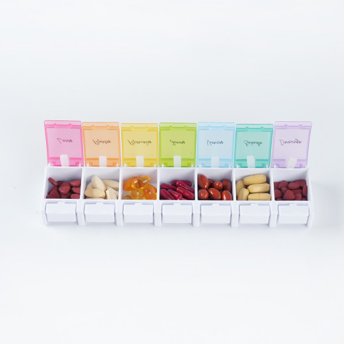 Wholesale Weekly Pill Organizer Arthritis Friendly, BPA Free Travel 7 Day Pill Box Case with Spring Open Design and Large Compartment to Hold Vitamins, Cod Liver Oil, Supplements and Medication, Support OEM,ODM