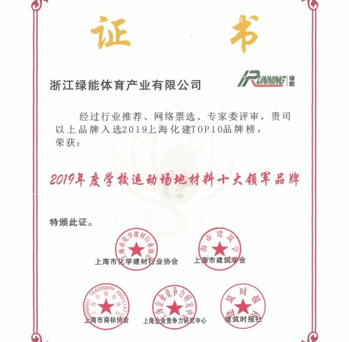 Top 10 Leading Brands in School Playing Field Materials 2019 certificate