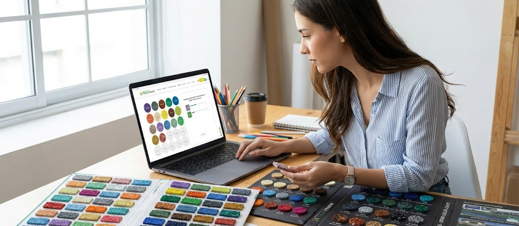 A wide, engaging header image showing a designer looking at a laptop screen with the FieldsMaster color mixing interface open, alongside physical CH and JA sample books on the desk