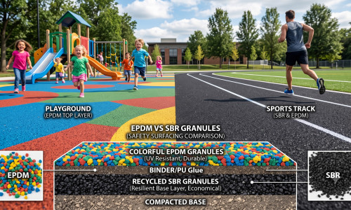 Rubber Granules Comparison: Decoding EPDM vs. SBR for Playground and Track Safety.