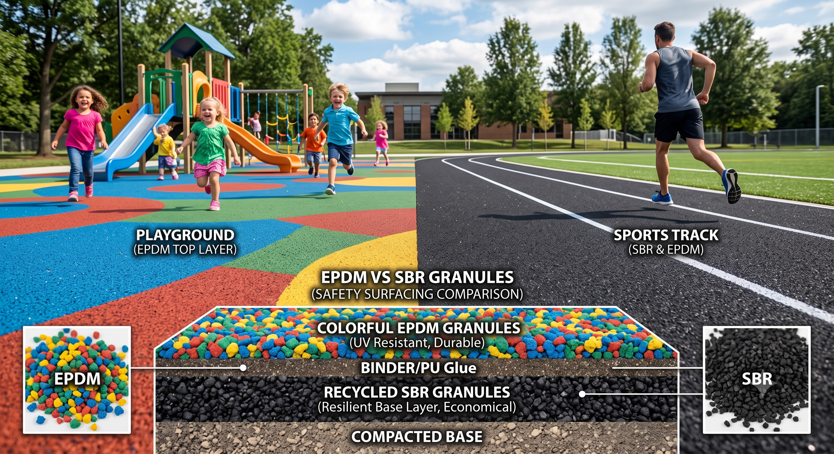 Rubber Granules Comparison: Decoding EPDM vs. SBR for Playground and Track Safety.