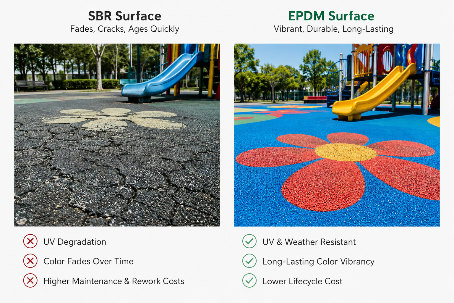 A multi-colored EPDM wet pour surface being troweled smoothly by an installer