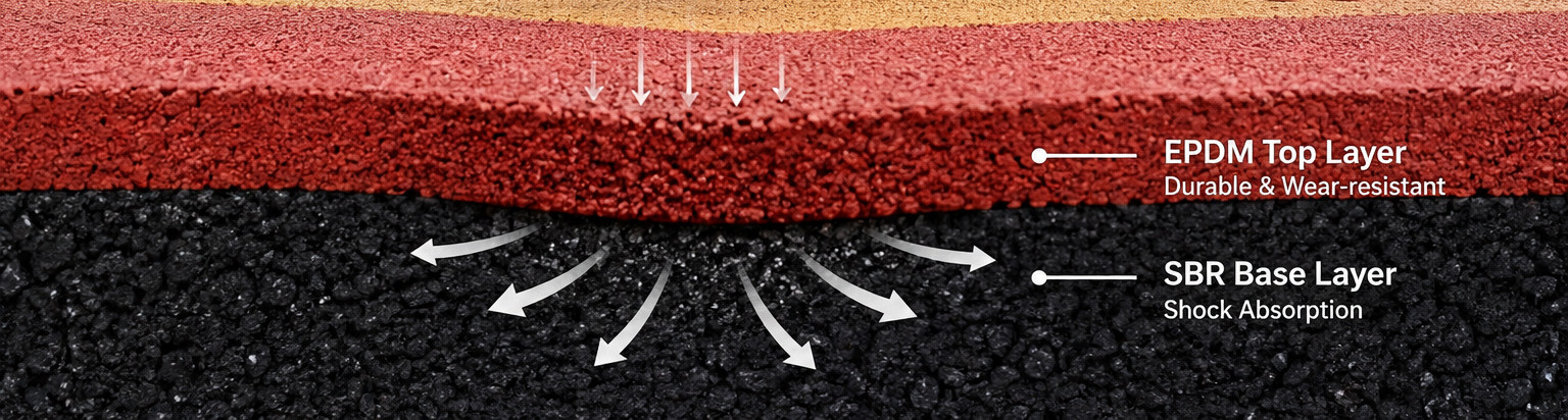 Diagram showing the cross-section of a two-layer EPDM safety surfacing system with cushion and wear layers.