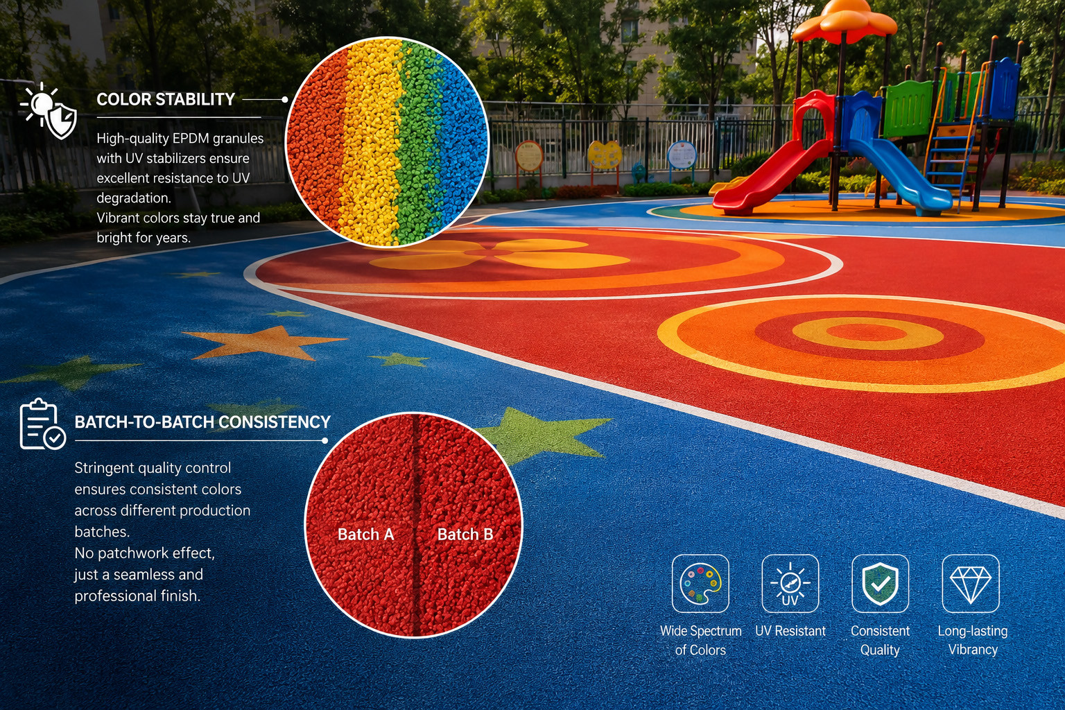 Vibrant and safe EPDM playground flooring A vibrant, multi-colored EPDM playground surface showcasing intricate designs and consistent colors
