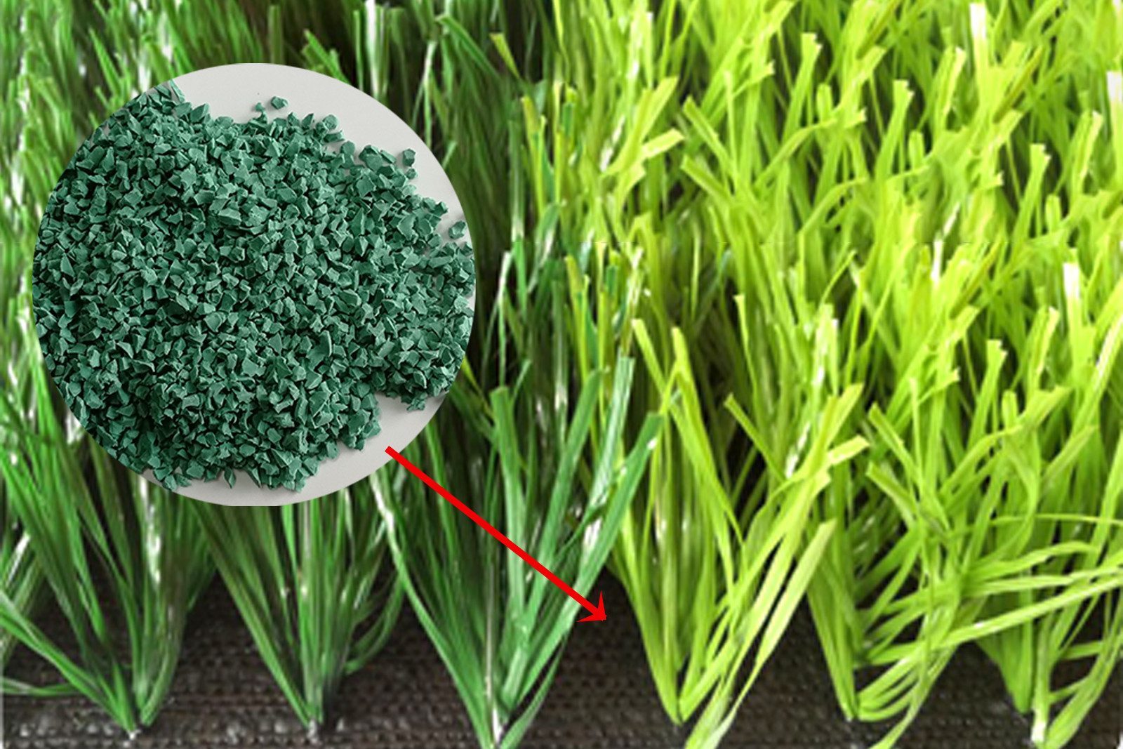 Green EPDM infill granules placed between artificial turf fibers