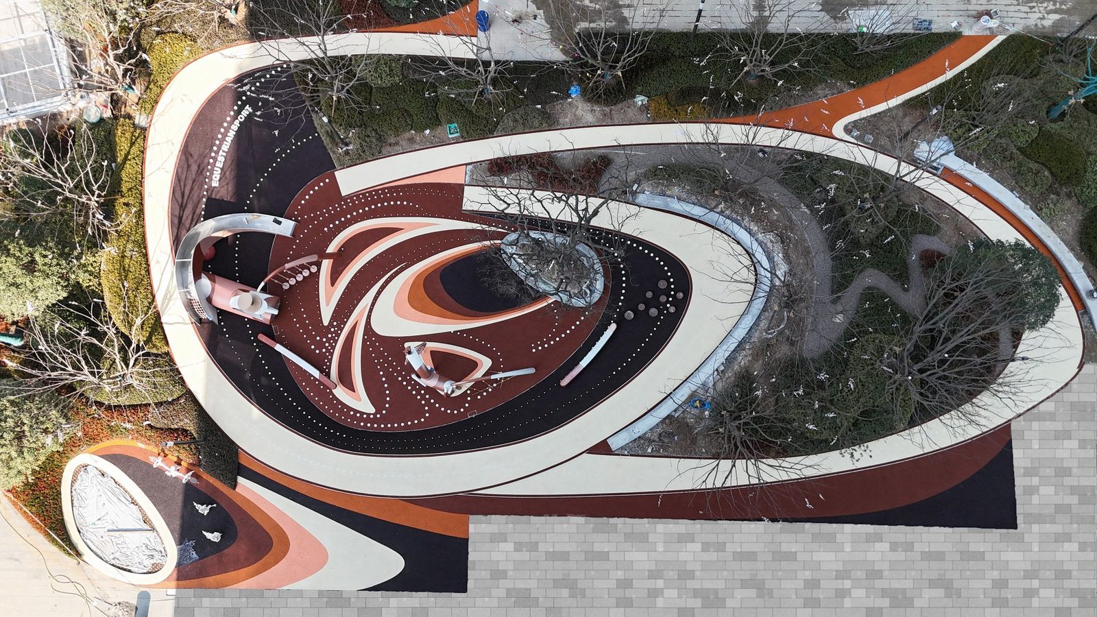 Aerial view of landscape-integrated colored EPDM paths at Nanjing Zhonghai Jiangnan Jiuxu