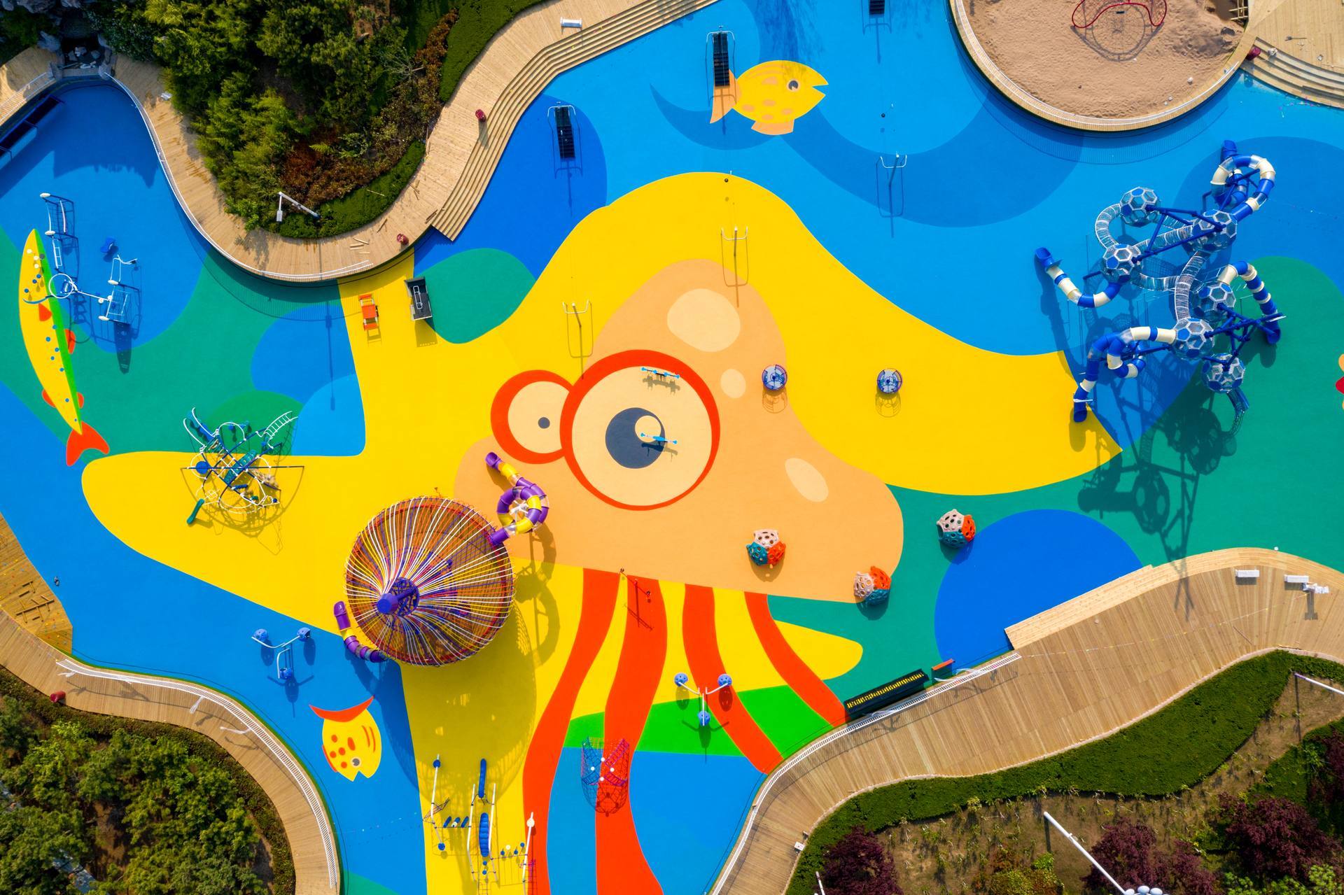Colorful EPDM playground surfacing viewed from above