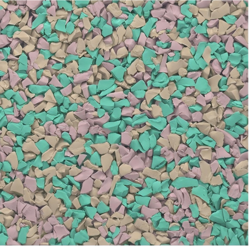 A sophisticated Morandi-toned EPDM rubber granules fitness path blending with natural urban landscaping