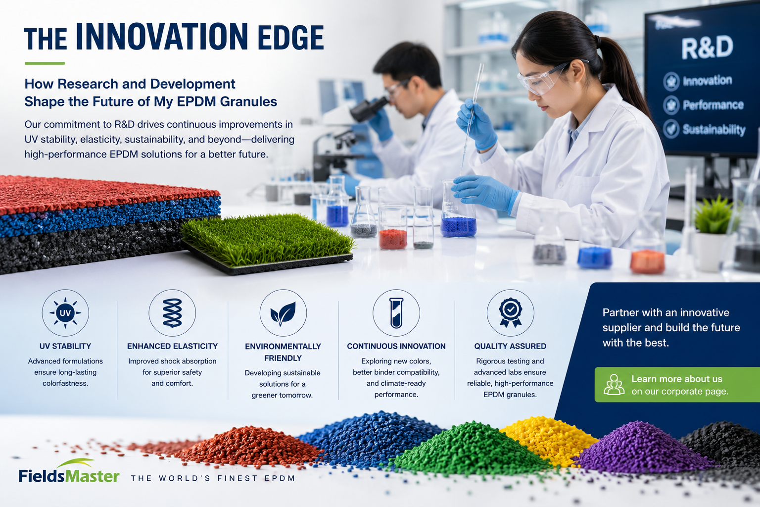 A modern research and development lab with scientists working on EPDM granule samples.