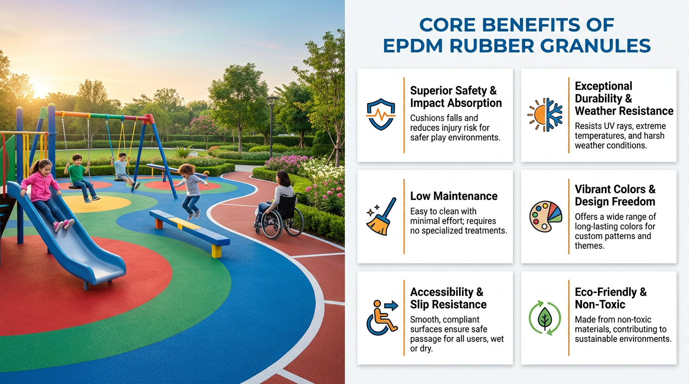 Vibrant and safe EPDM playground flooring A colorful EPDM rubber playground surface with integrated designs.
