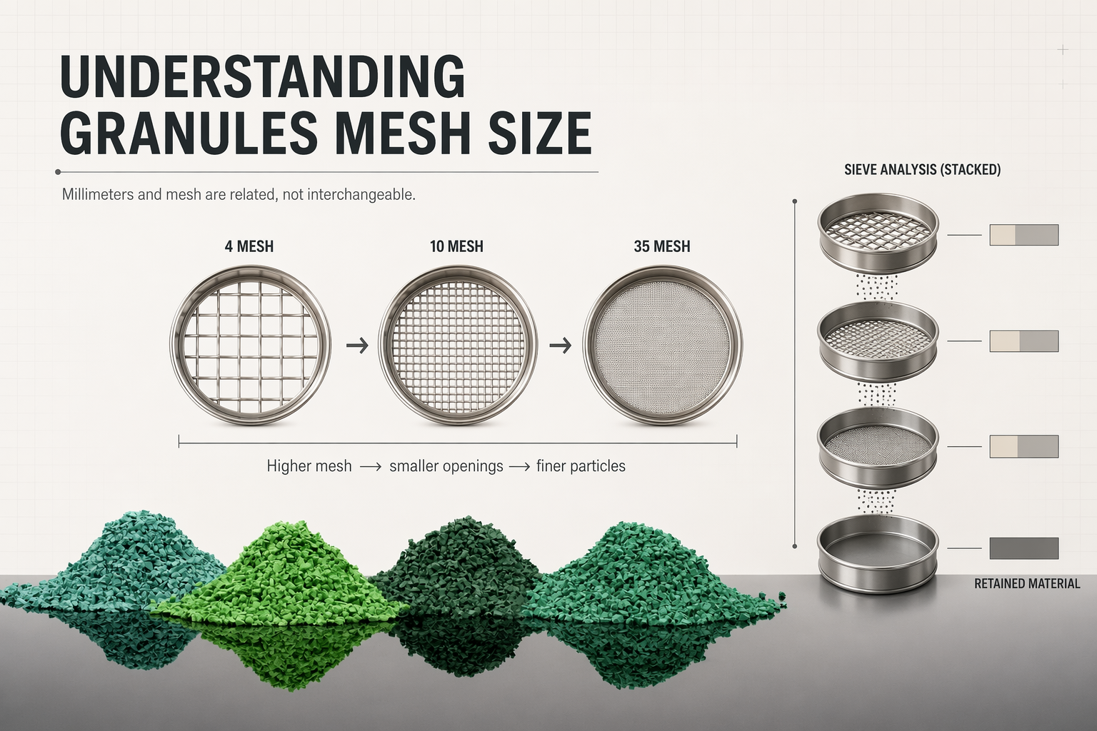 A close-up shot showing the texture and color variation of different EPDM granule sizes.