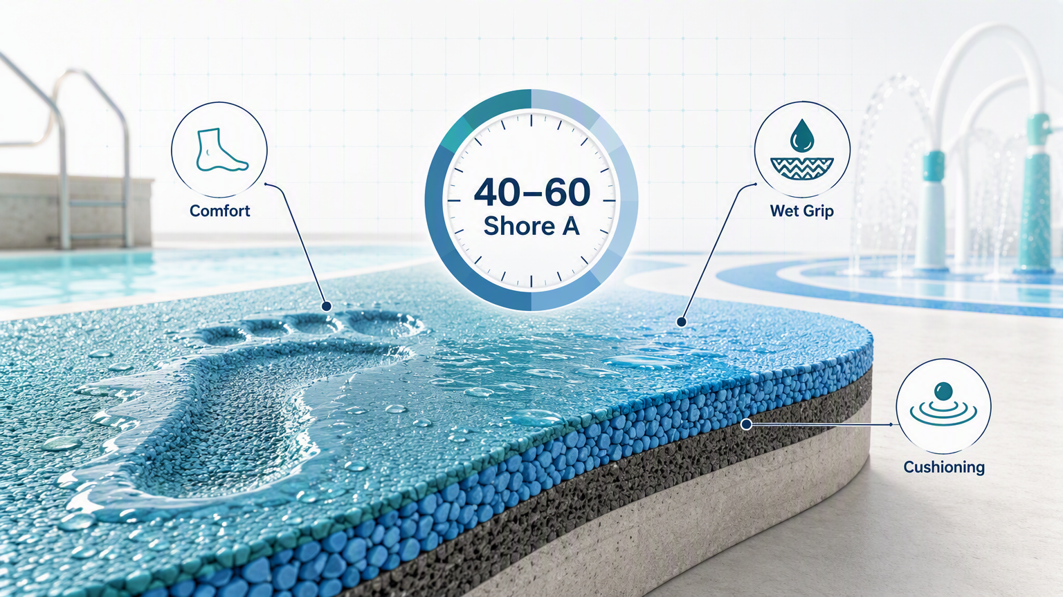 A vibrant, safe EPDM rubber surface in a water park setting.