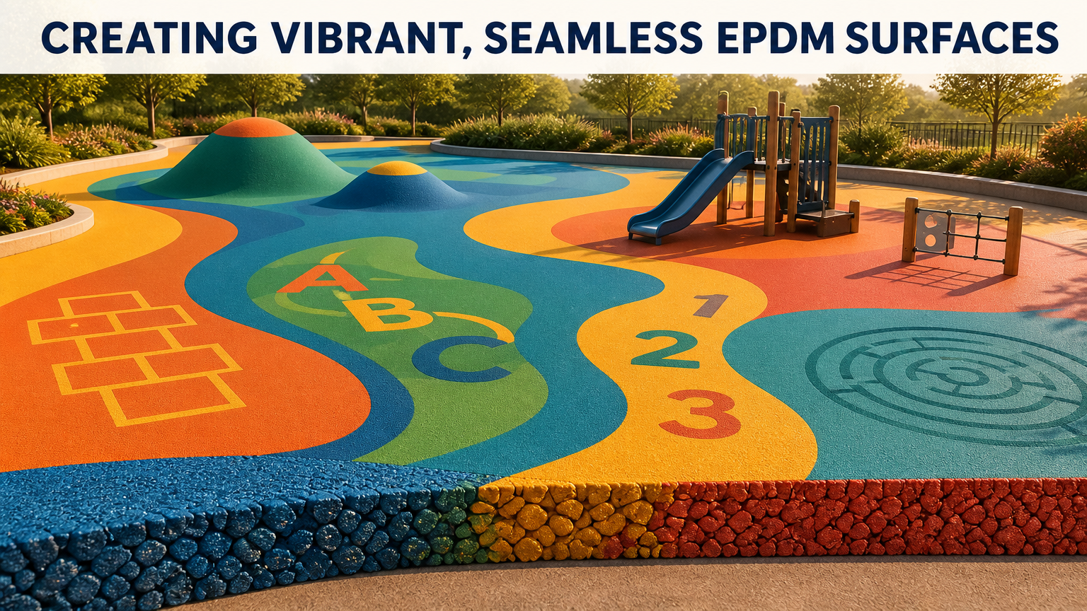 A vibrant, multi-colored playground surface with inlaid graphics of animals and geometric shapes made from EPDM granules.