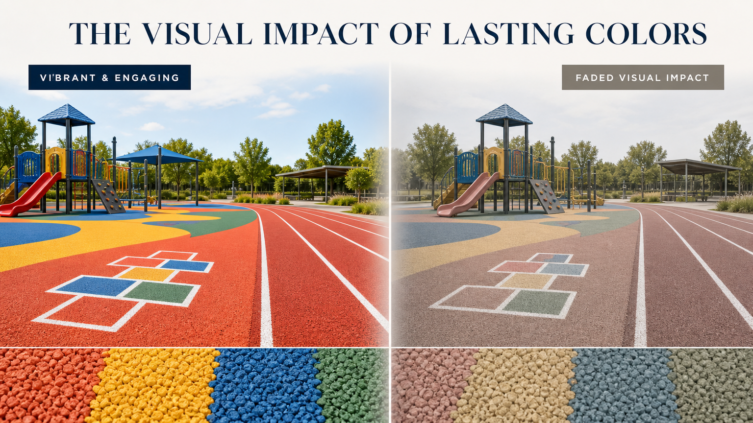 A collage showing the vibrant, non-fading colors of an EPDM surface over several years