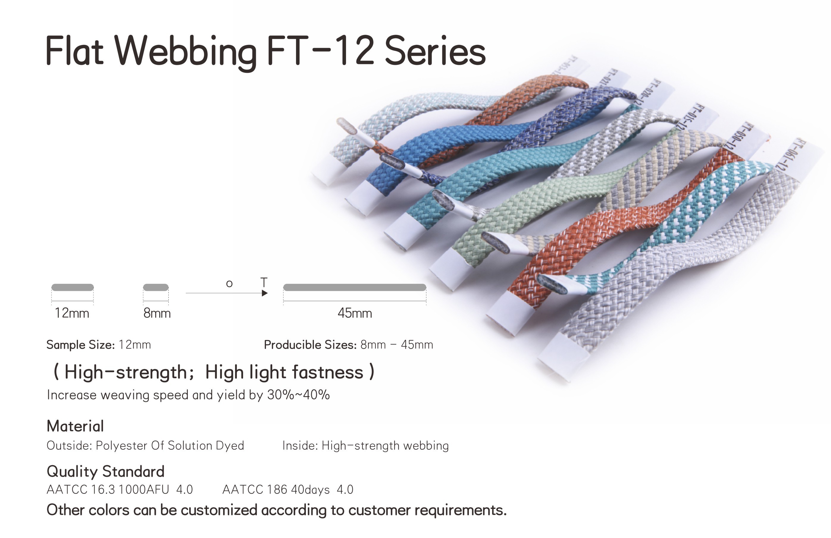 Custom Flat Webbing FT-12 series | Multiple colors to choose from | High-strength webbing | High light fasness | Producer