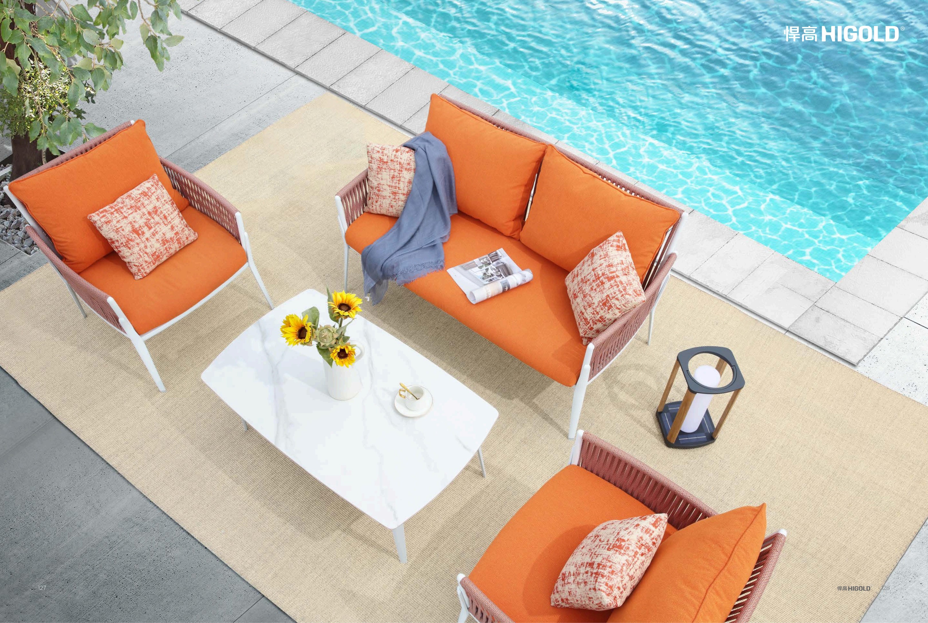 Orange polyester rope woven outdoor table and chair set