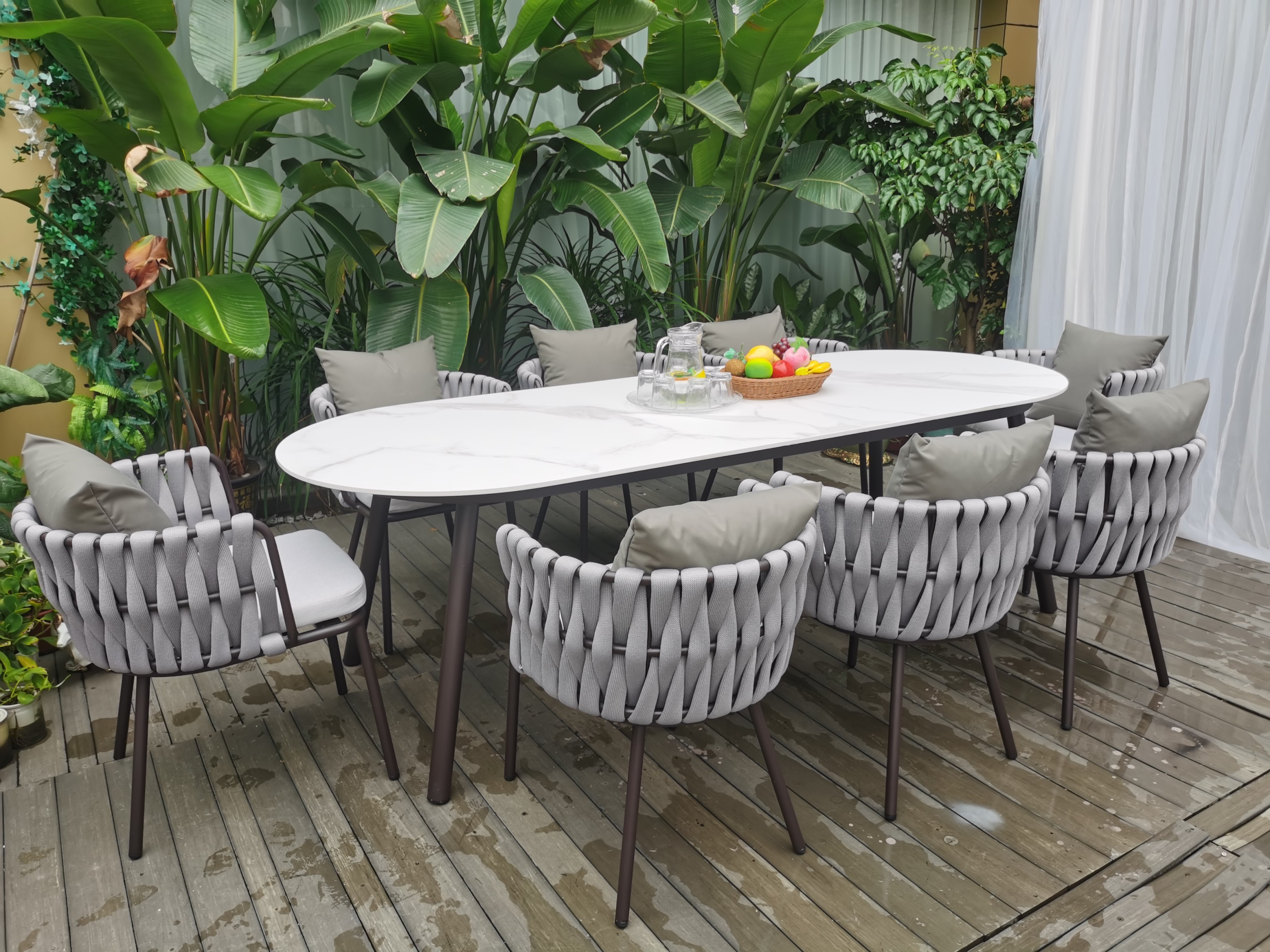 Grey Polyester Rope Braided Outdoor Dining Chair