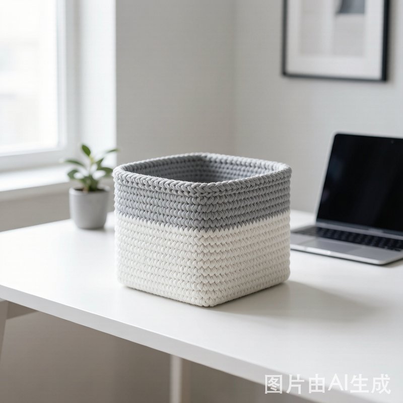 Cotton rope woven storage basket on white desk