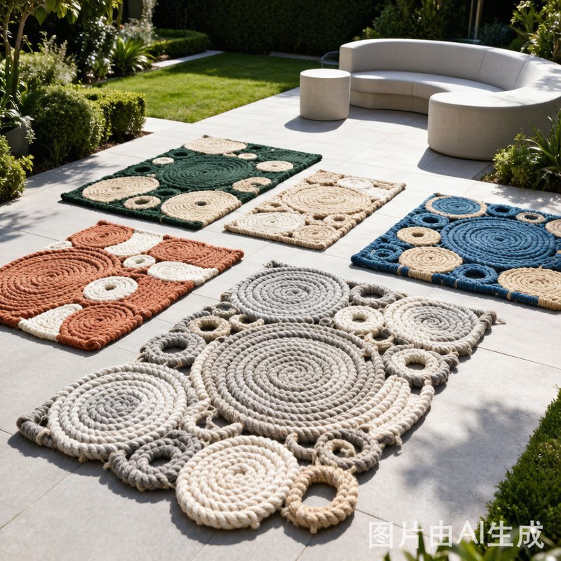 Multiple rope rug color variants in outdoor garden setting